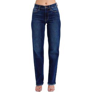Women's Mid Rise Straight Jean with Frayed Hem Dark Blue Plus Size